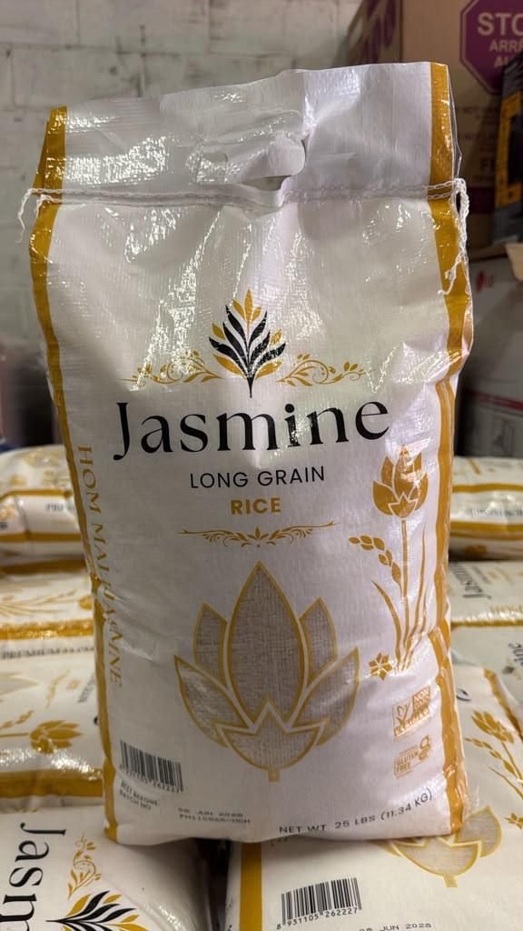 25 lb bag of Jasmine long grain rice stacked in the warehouse